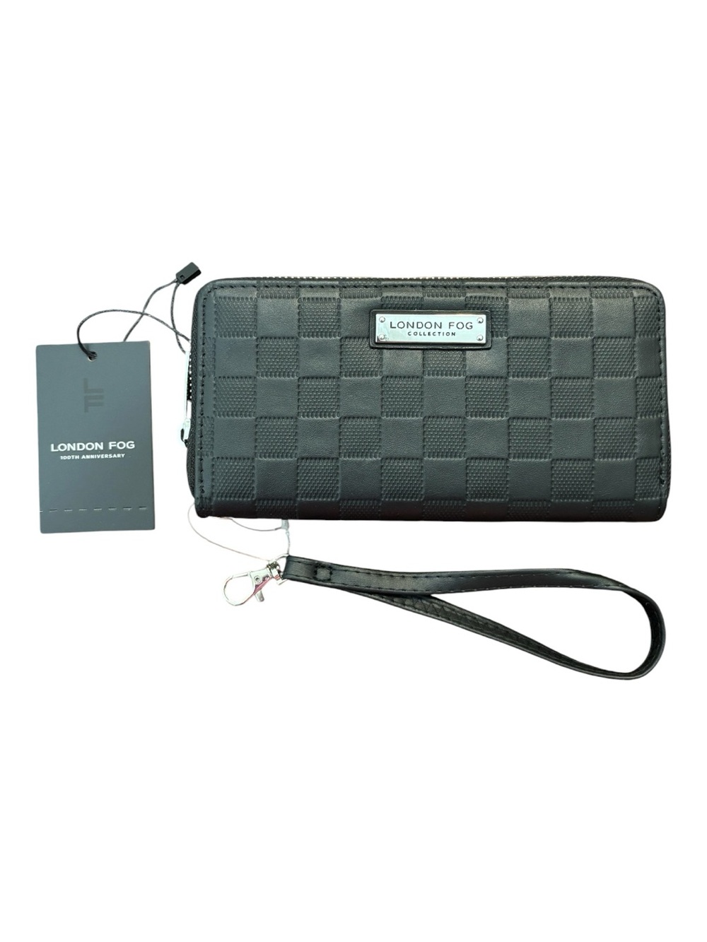London Fog Dakota Single Zip Around Wallet Black Checkered Wristlet NWT